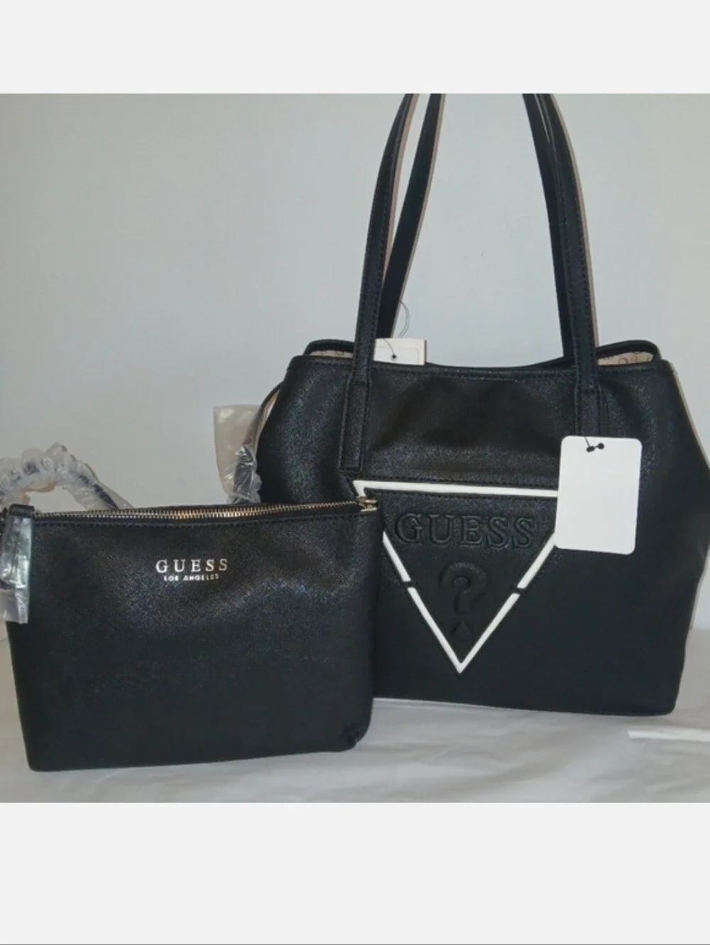 2 Pc Set GUESS Portini Triangle Logo Trap Tote & Wristlet Large, Black